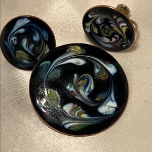 Vintage Swirl Enamel Brooch and Earrings Set